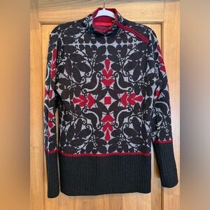 EUC KRIMSON KLOVER 100% Soft Wool Neck Zip Bird Print Sweater L Black/Red/Gray